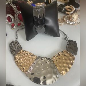 Trio Set: Bold Gold & Silver Pendant Necklace, Bracelet, Earrings